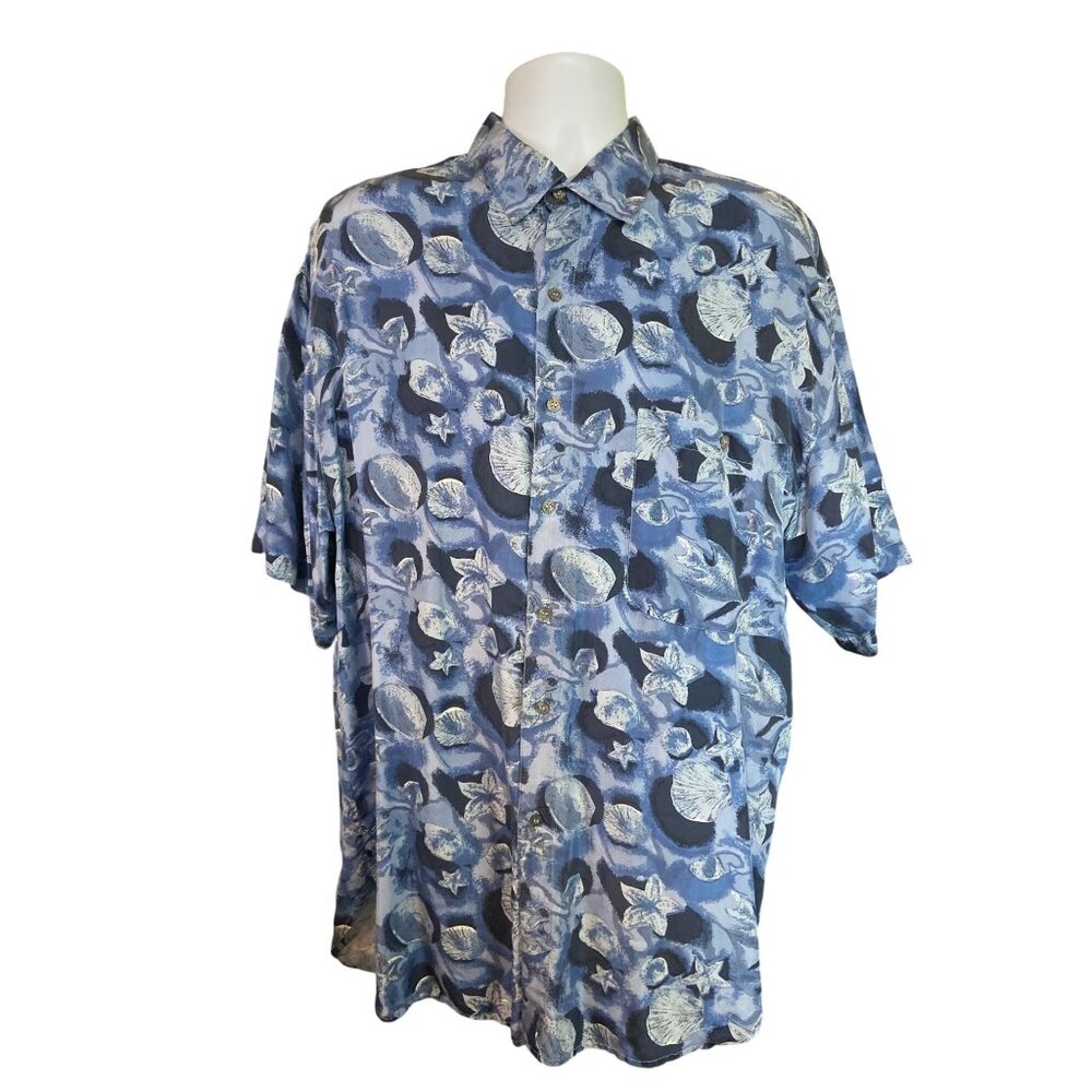 Vintage Silk Society Mens Shirt L Blue Seashell Ocean Y2K Coastal Grandpa 90s